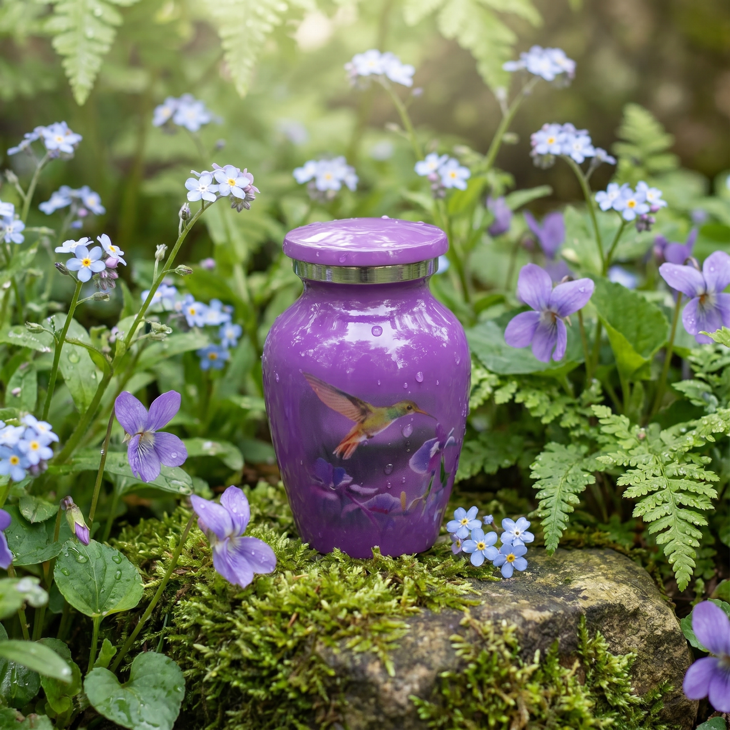 Keepsake Cremation Urn Purple Hummingbird & Flower Design with Velvet Bag (Product Code NUPNK-K)