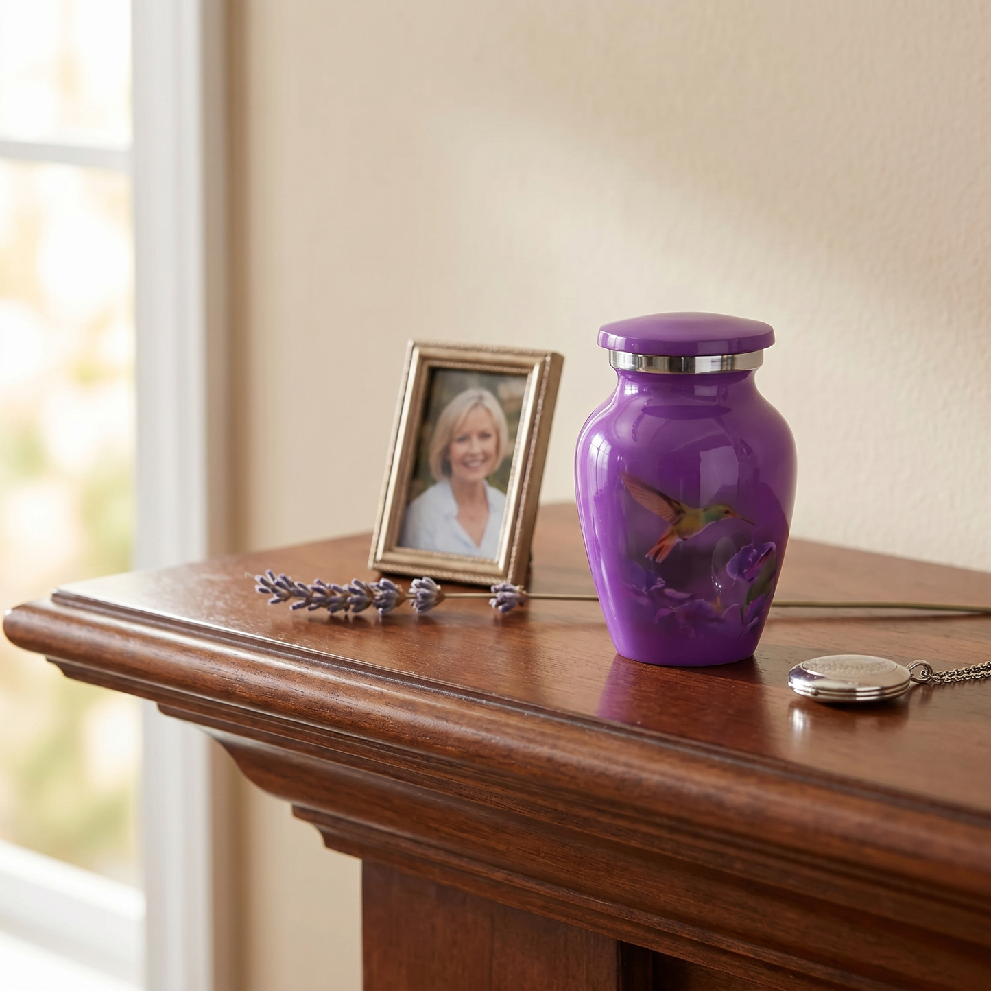 Keepsake Cremation Urn Purple Hummingbird & Flower Design with Velvet Bag (Product Code NUPNK-K)