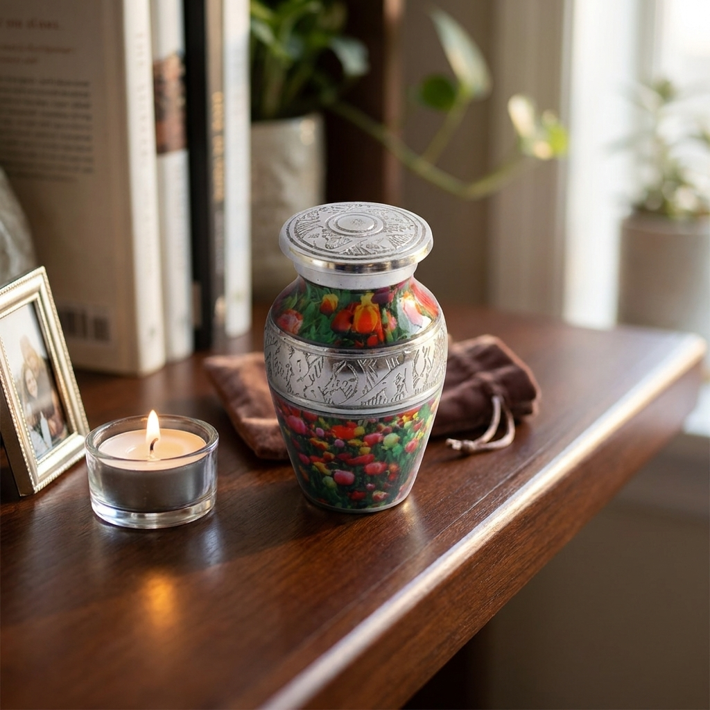 Keepsake Cremation Urn Red Purple and Yellow Tulip Design with velvet bag (Product Code NUPO-K)