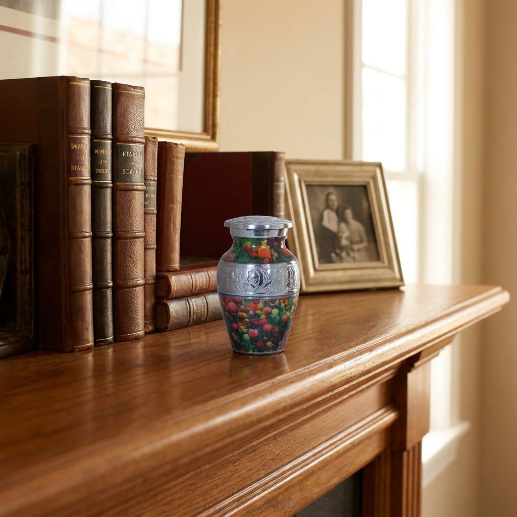 Keepsake Cremation Urn Red Purple and Yellow Tulip Design with velvet bag (Product Code NUPO-K)