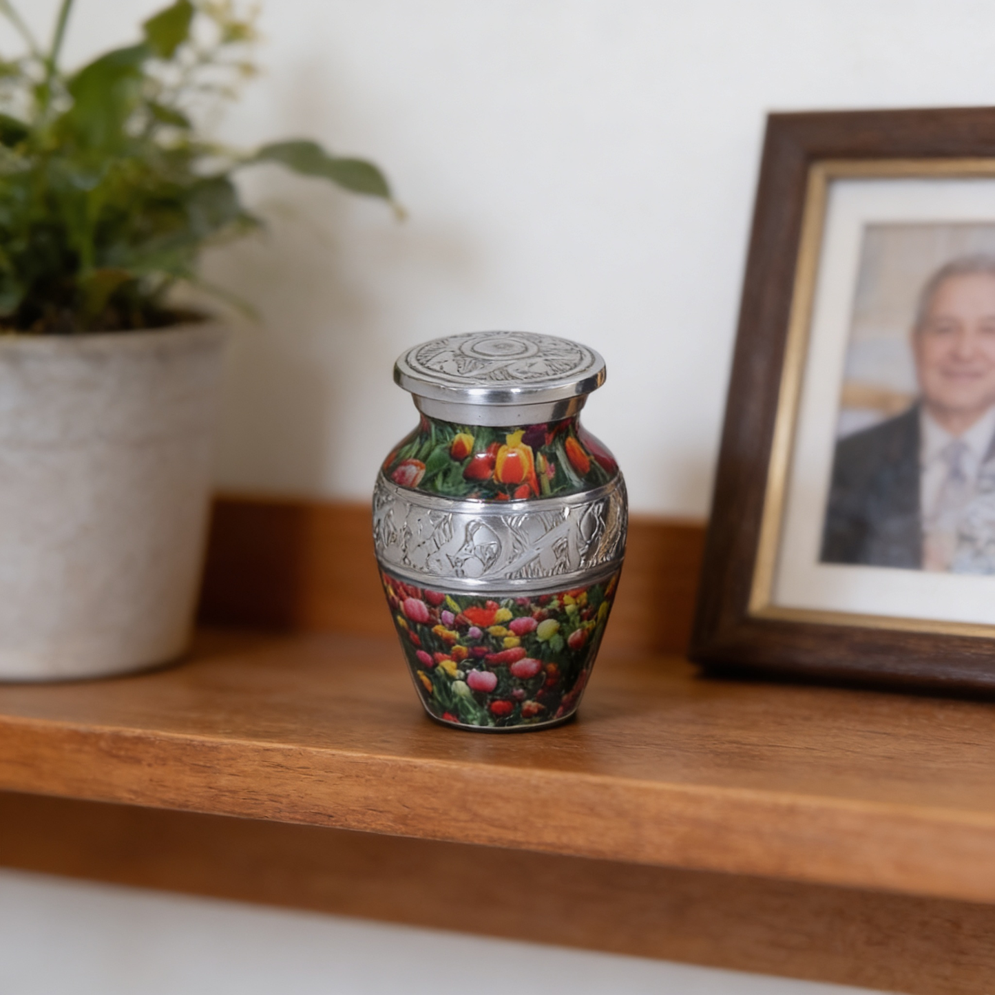 Keepsake Cremation Urn Red Purple and Yellow Tulip Design with velvet bag (Product Code NUPO-K)
