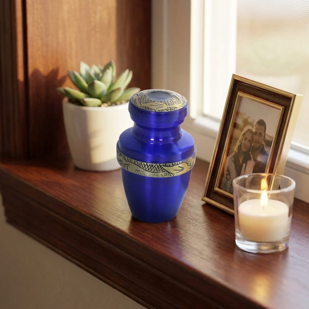 Keepsake Cremation Urn Royal Blue with Antique Golden Yellow Engraved Band and Velvet Bag (Product Code NUABE-K)