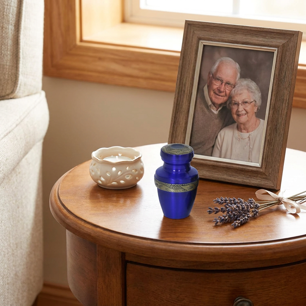 Keepsake Cremation Urn Royal Blue with Antique Golden Yellow Engraved Band and Velvet Bag (Product Code NUABE-K)