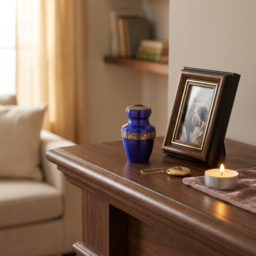 Keepsake Cremation Urn Royal Blue with Antique Golden Yellow Engraved Band and Velvet Bag (Product Code NUABE-K)