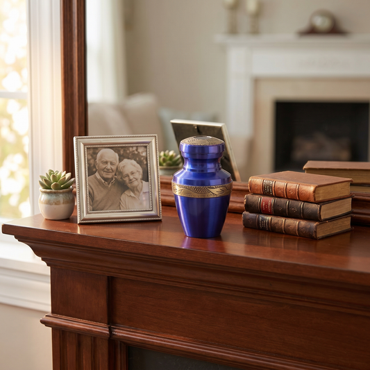 Keepsake Cremation Urn Royal Blue with Antique Golden Yellow Engraved Band and Velvet Bag (Product Code NUABE-K)