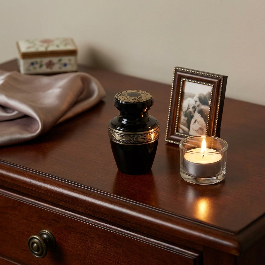 Keepsake Cremation Urn Solid Black & Golden Engraved Design with Velvet Bag – (Product Code: NUEBE-K)