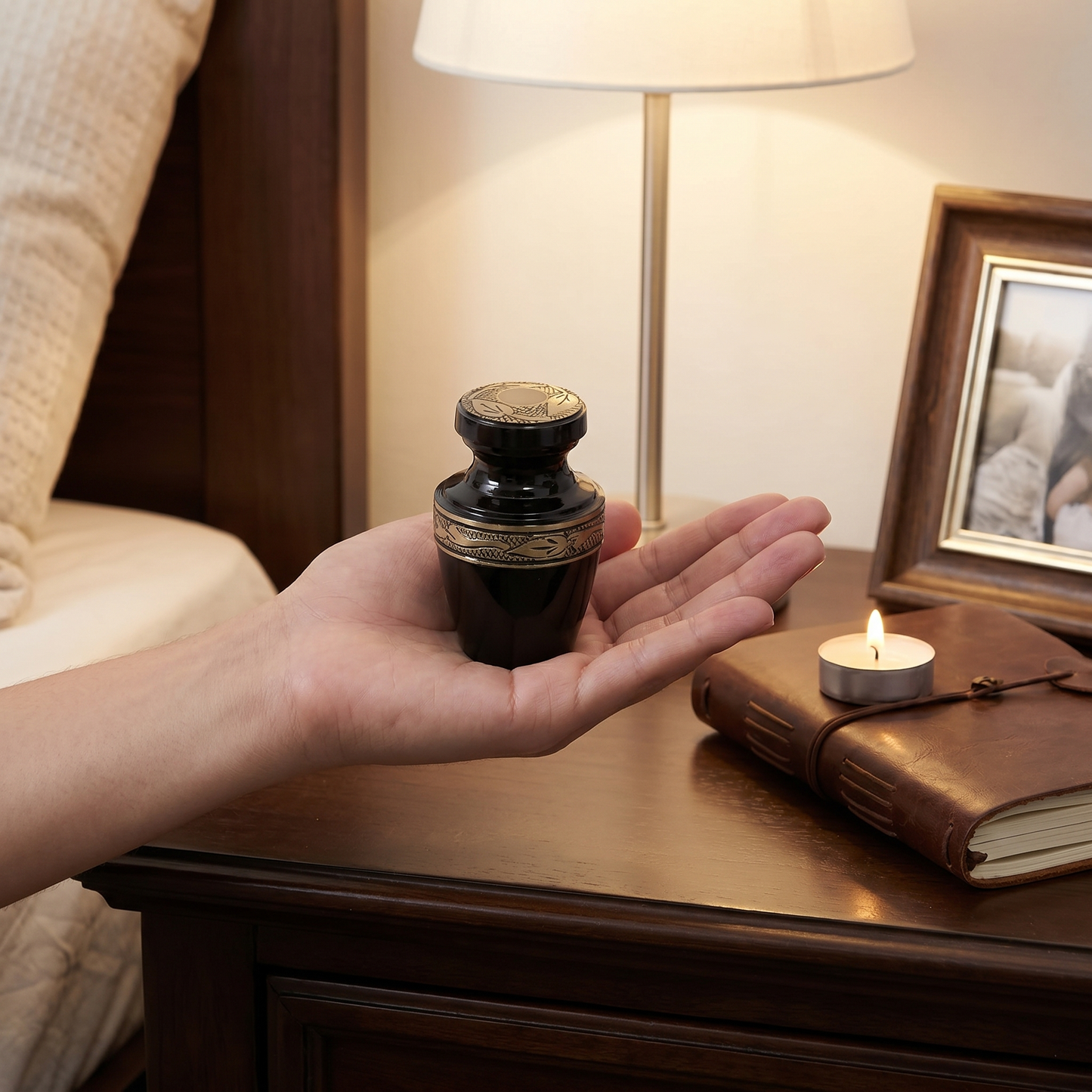 Keepsake Cremation Urn Solid Black & Golden Engraved Design with Velvet Bag – (Product Code: NUEBE-K)