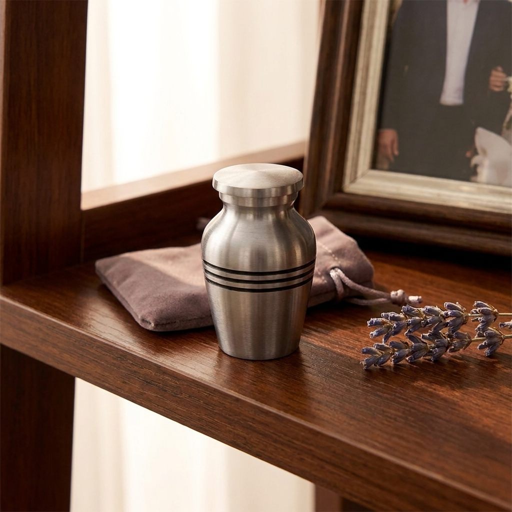 Keepsake Cremation Urn Solid Silver & Three Black Stripes with Velvet Bag – (Product Code: NUSTBS-K)