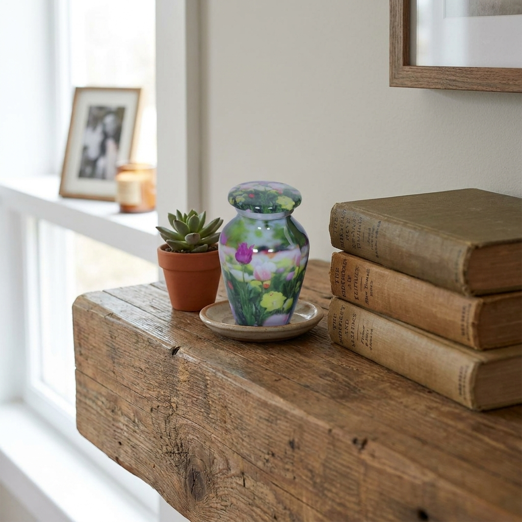 Keepsake Cremation Urn Tulip Flowers Design with velvet bag (Product Code NUPSI)