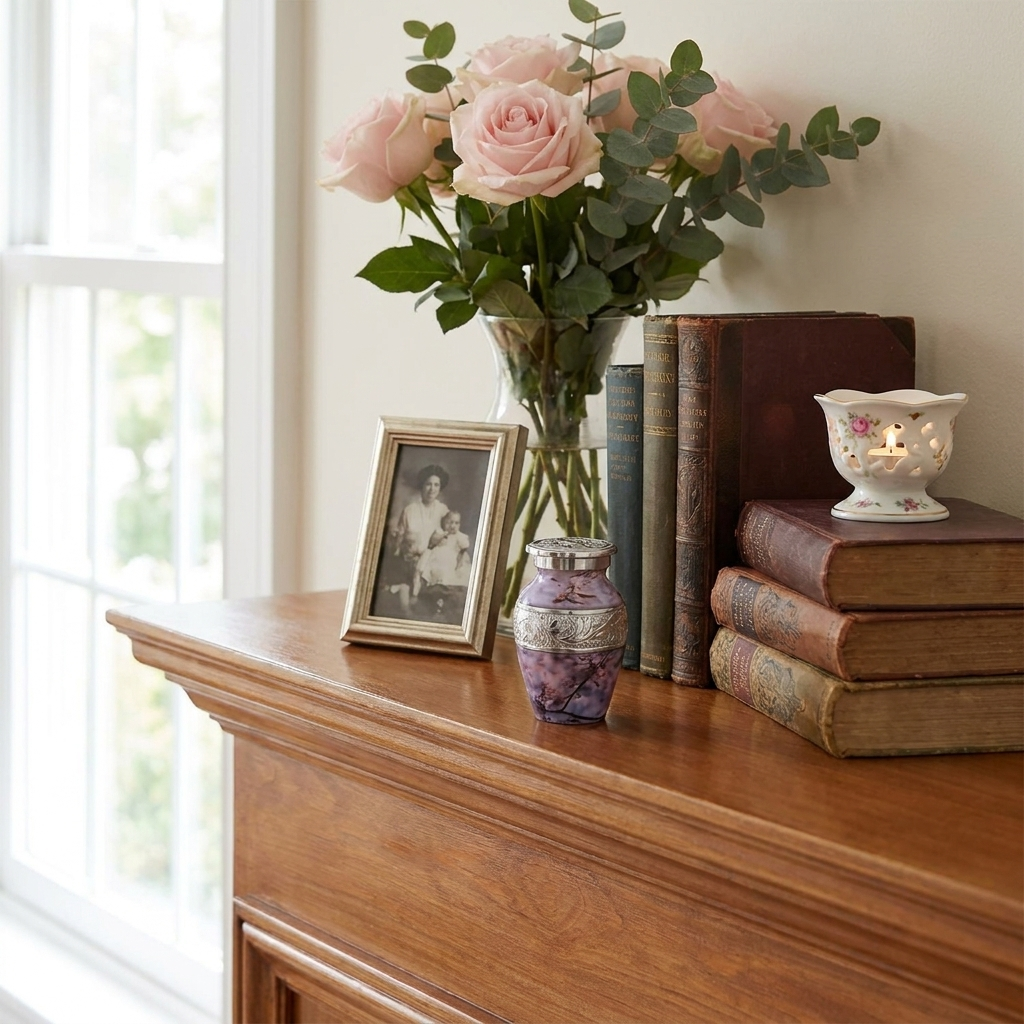 Keepsake Cremation Urn White & Brown Flowers Shrub Design with Velvet Bag - (Product Code NUPNI-K)