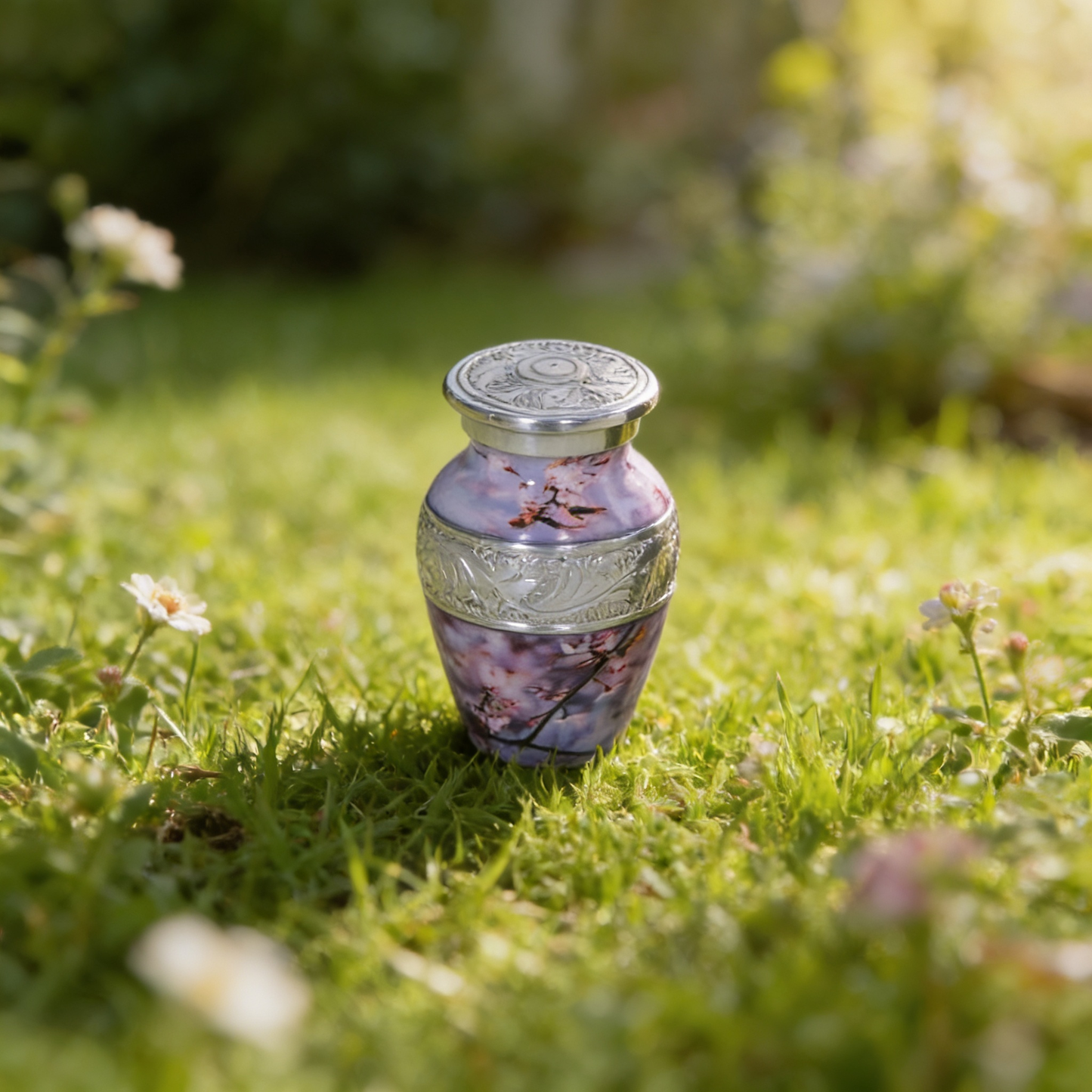 Keepsake Cremation Urn White & Brown Flowers Shrub Design with Velvet Bag - (Product Code NUPNI-K)