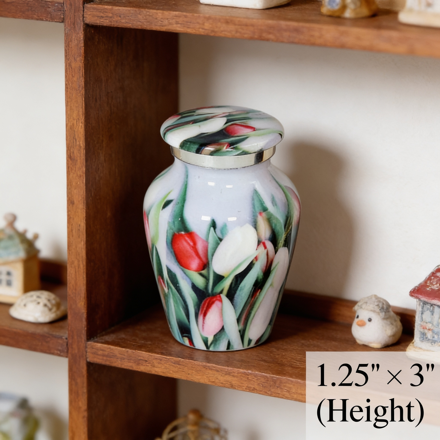 Keepsake Cremation Urn White and Red Tulip Flowers Design with velvet bag - (Product Code NUPT-K)