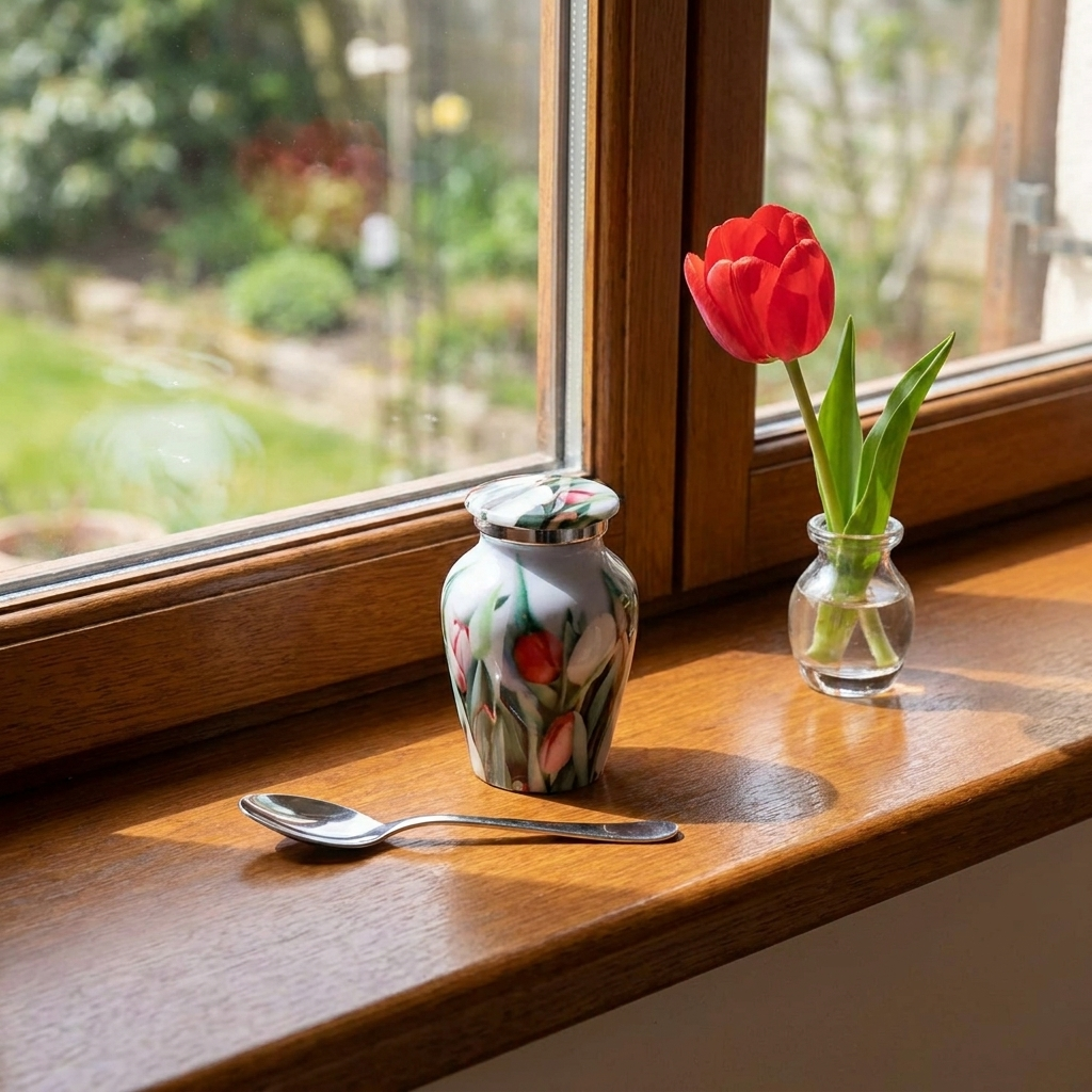 Keepsake Cremation Urn White and Red Tulip Flowers Design with velvet bag - (Product Code NUPT-K)