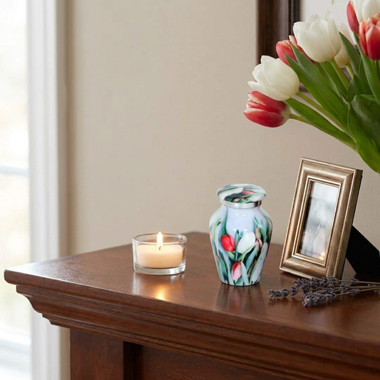 Keepsake Cremation Urn White and Red Tulip Flowers Design with velvet bag - (Product Code NUPT-K)