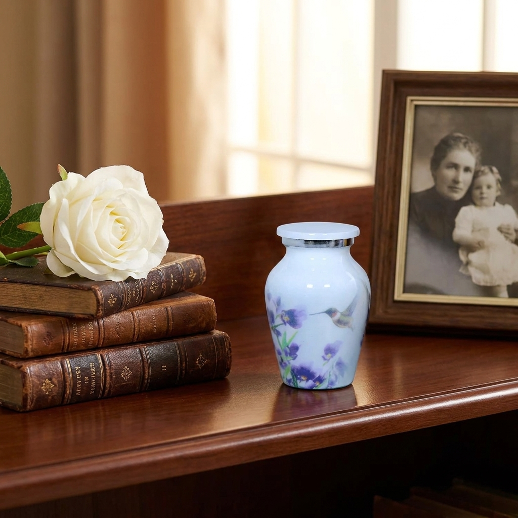 Keepsake Cremation Urn White Finish with Hummingbird and Purple Flower Design and Velvet Bag (Product Code NUWHT-K)
