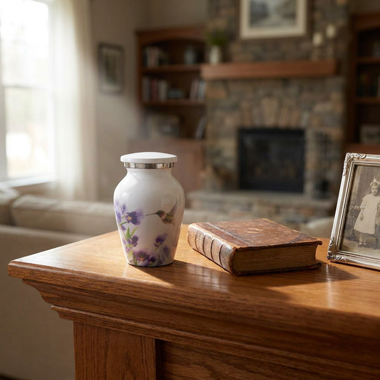 Keepsake Cremation Urn White Finish with Hummingbird and Purple Flower Design and Velvet Bag (Product Code NUWHT-K)