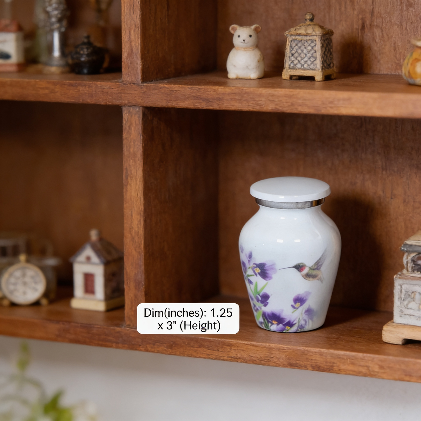 Keepsake Cremation Urn White Finish with Hummingbird and Purple Flower Design and Velvet Bag (Product Code NUWHT-K)