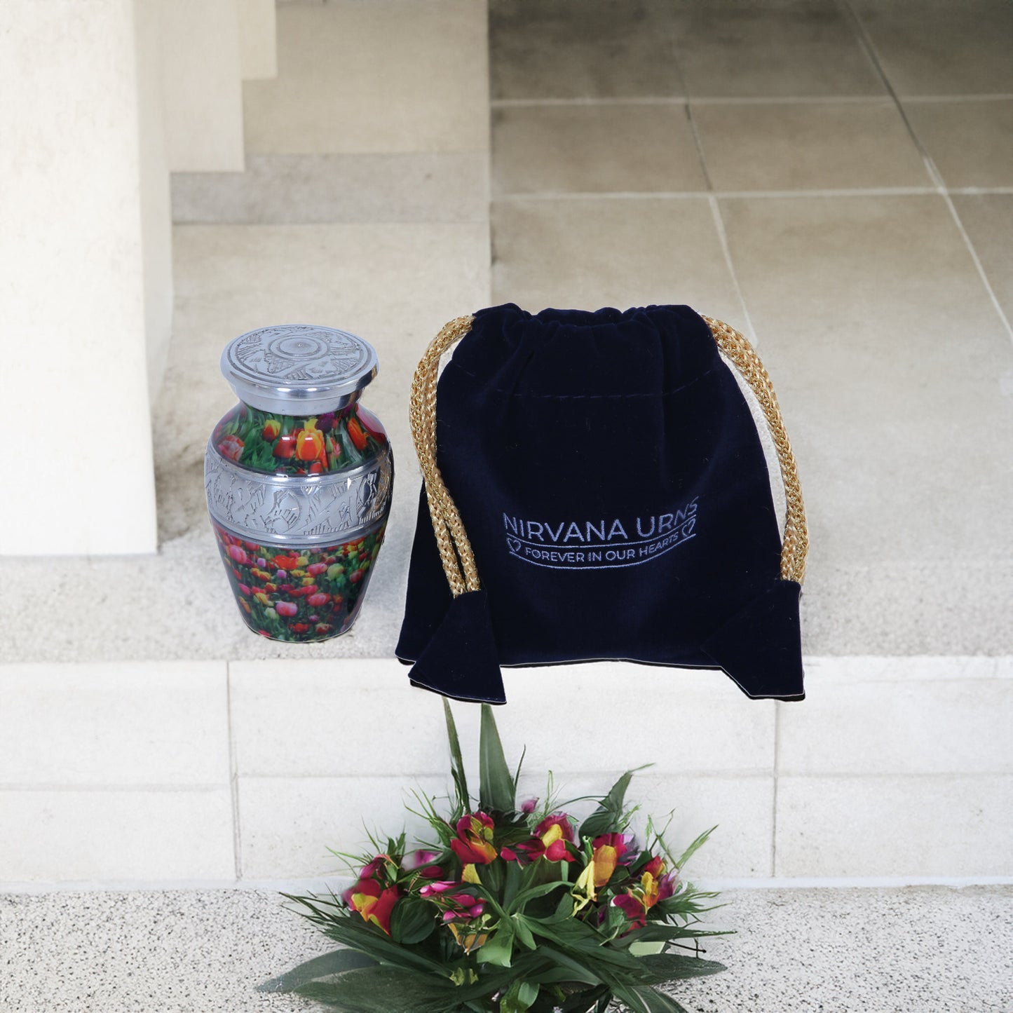 Keepsake Cremation Urn Red Purple and Yellow Tulip Design with velvet bag (Product Code NUPO-K)