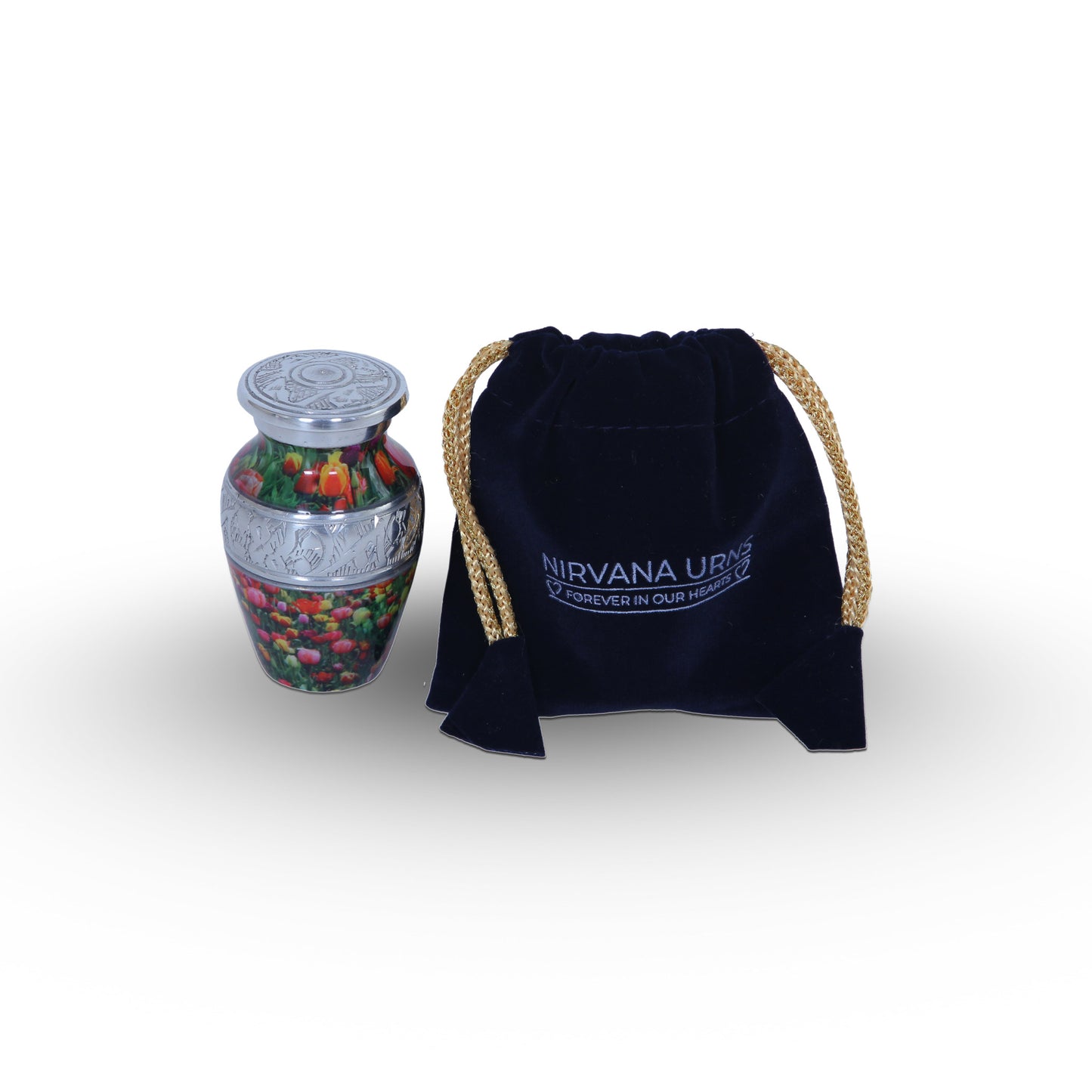 Keepsake Cremation Urn Red Purple and Yellow Tulip Design with velvet bag (Product Code NUPO-K)