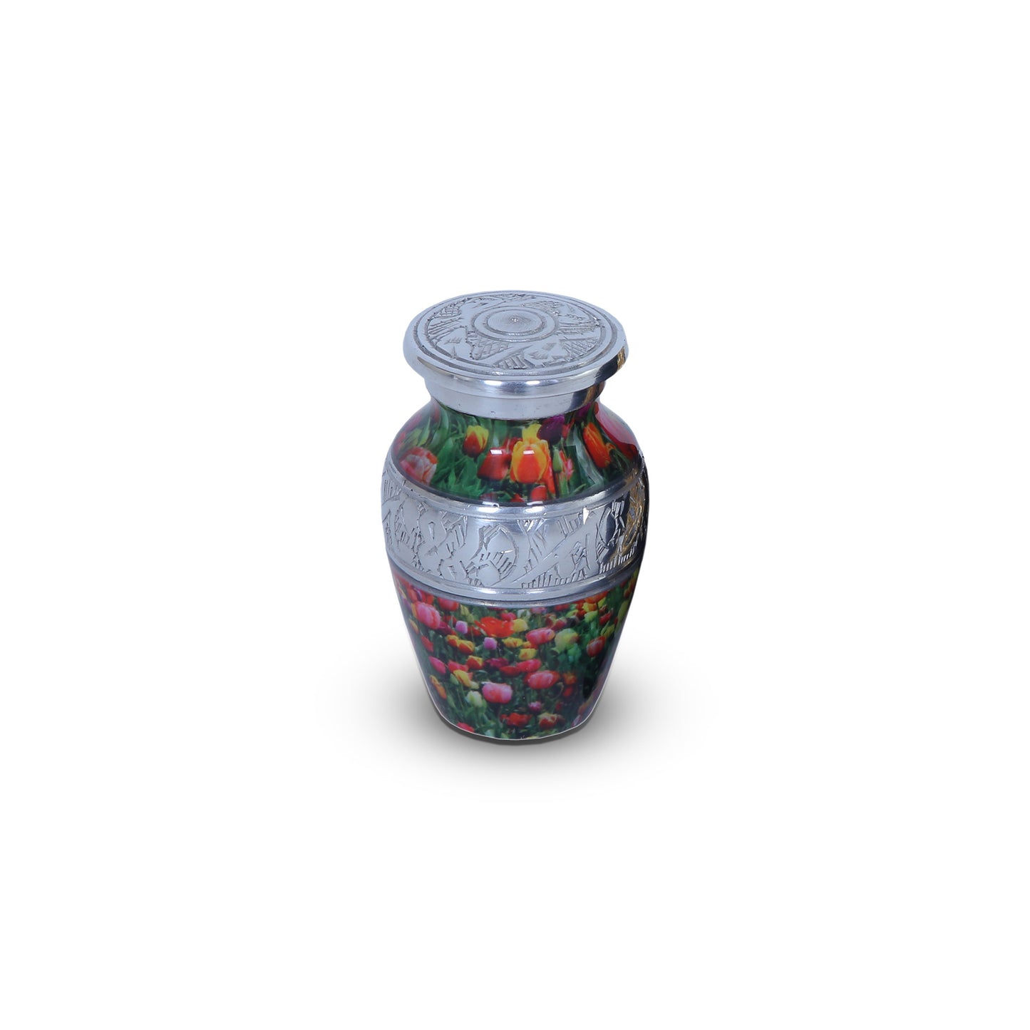 Keepsake Cremation Urn Red Purple and Yellow Tulip Design with velvet bag (Product Code NUPO-K)